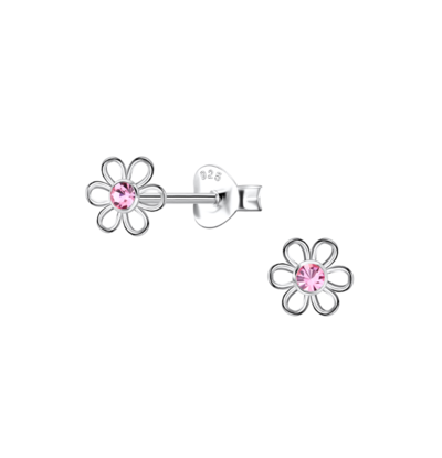 KAYA sieraden Silver children’s earrings Flower with Pink Crystal