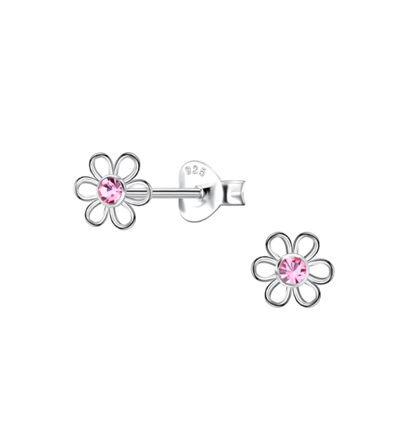 KAYA sieraden Silver children’s earrings Flower with Pink Crystal