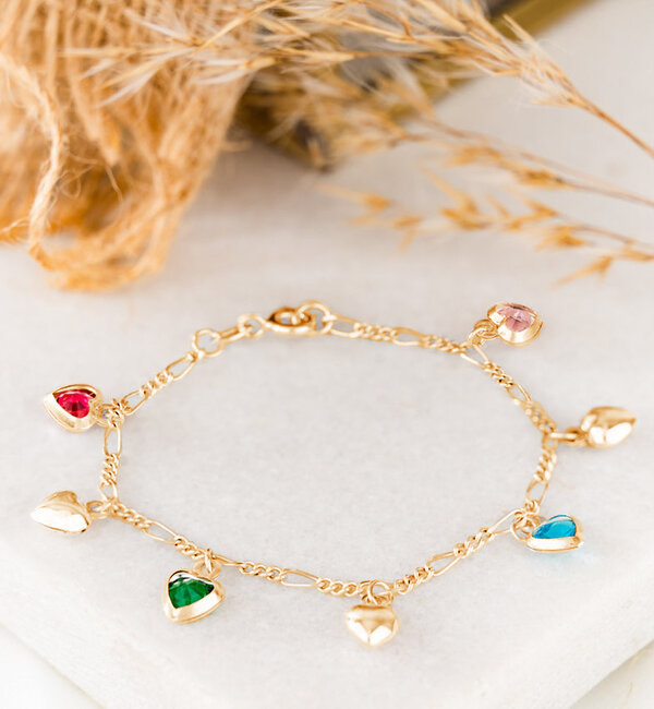 KAYA sieraden Silver Charm Bracelet with 7 Colored Hearts | Sterling Silver