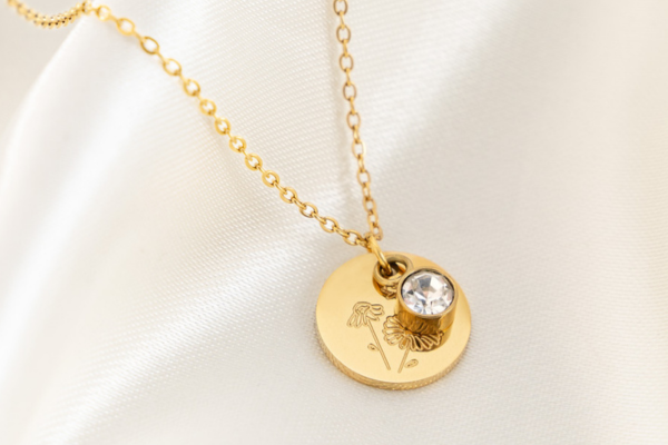 Geboortesteen en geboortebloem ketting stainless steel