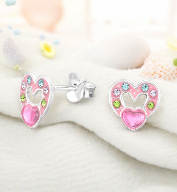 KAYA sieraden Zilveren Kinderoorbellen 'Open Hartje' met Kristallen