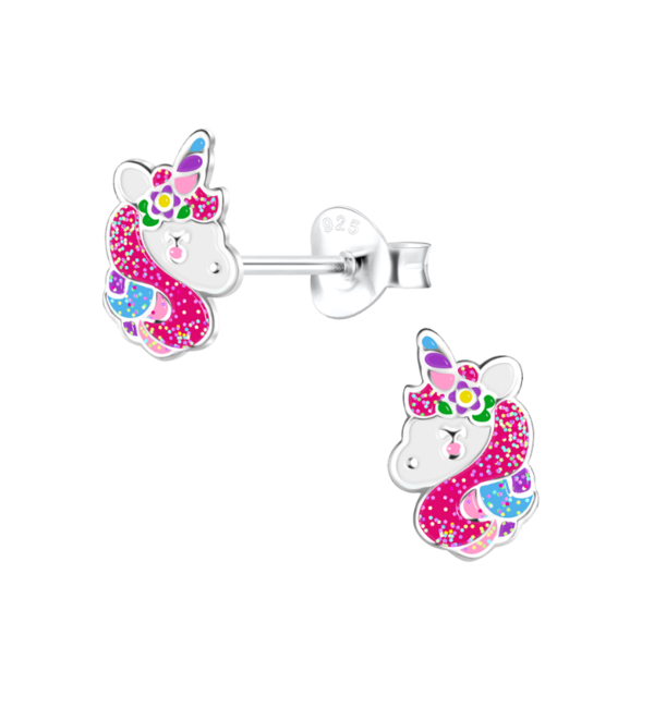 KAYA sieraden Silver Children's Earrings 'Glitter Rainbow Unicorn'
