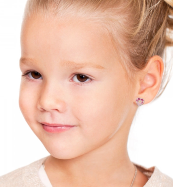 KAYA sieraden Silver Children's Earrings Pink Heart with Crystals   - Copy