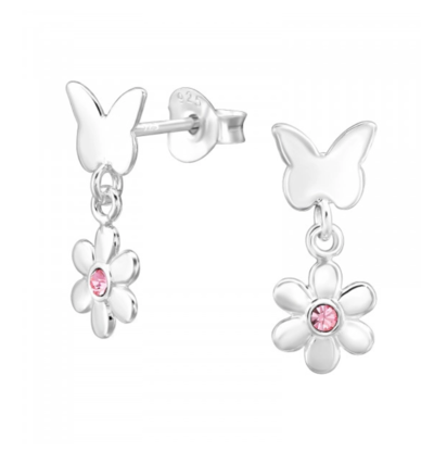KAYA sieraden Silver children’s earrings ‘Flower & Butterfly’ with crystal