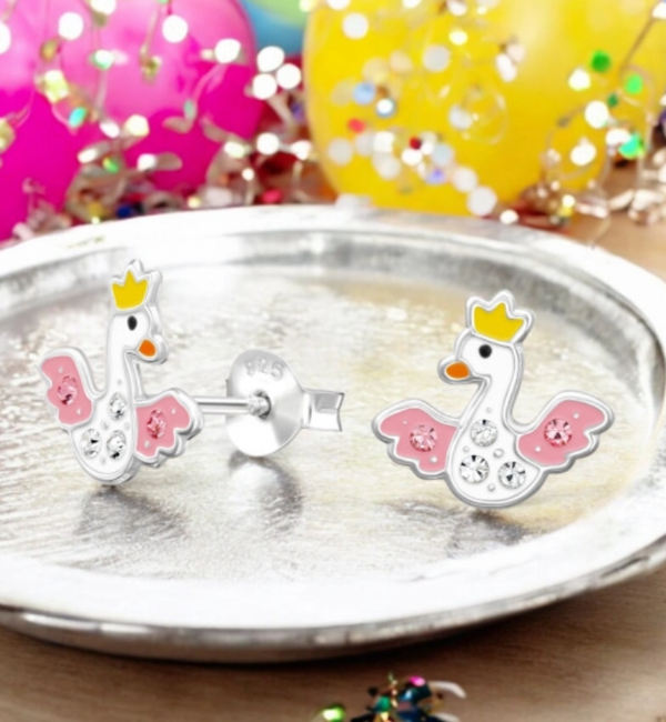 KAYA sieraden Silver Children's Earrings 'Duck with Crystals'