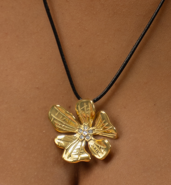 KAYA sieraden Black Cord Necklace Flower I Stainless Steel Gold