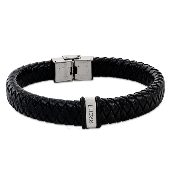 Sieraden Boys Bracelet Leather with Name 'Rock My World' | Silver