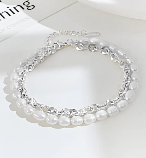 KAYA sieraden Double Bracelet with Links and Pearls | Stainless Steel