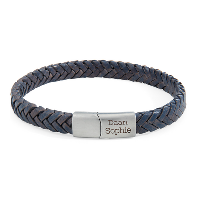 KAYA sieraden Gevlochten Armband Leer Heren met Gravure | Blauw