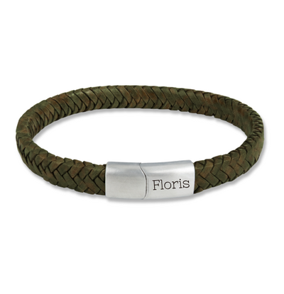 KAYA sieraden Gevlochten Armband Leer Heren met Gravure | Groen