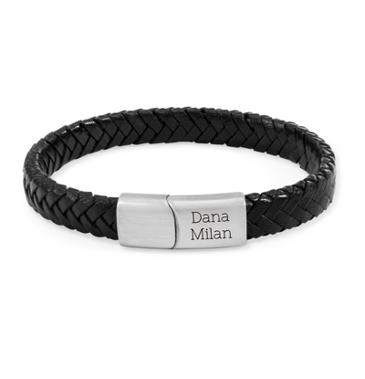 KAYA sieraden Gevlochten Armband Leer Heren met Gravure | Zwart