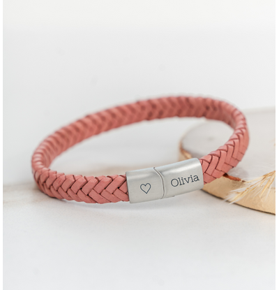 KAYA sieraden Children's Bracelet Braided Leather with Engraving | Pink