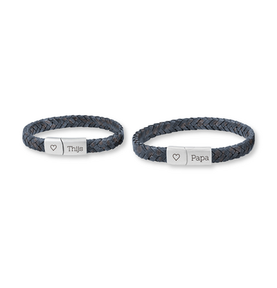 KAYA sieraden Vader & Zoon Armbanden met Gravure Gevlochten Leer | Blauw