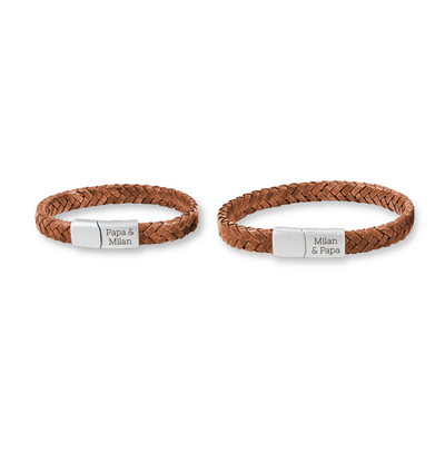 KAYA sieraden Vader & Zoon Armbanden met Gravure Gevlochten Leer | Camel