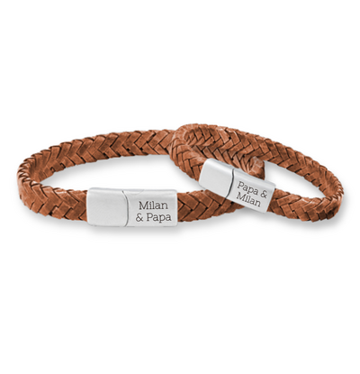 KAYA sieraden Father & Son Bracelets with Engraving Braided Leather | Camel