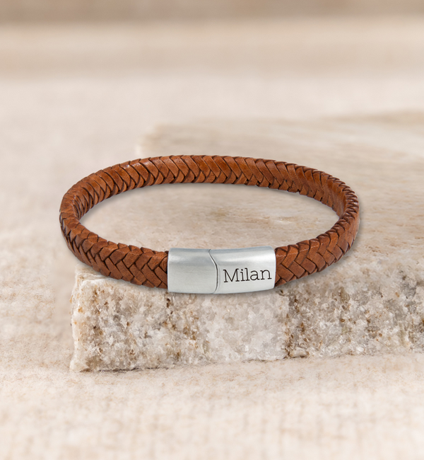 KAYA sieraden Jongens Armband Gevlochten Leer met Gravure