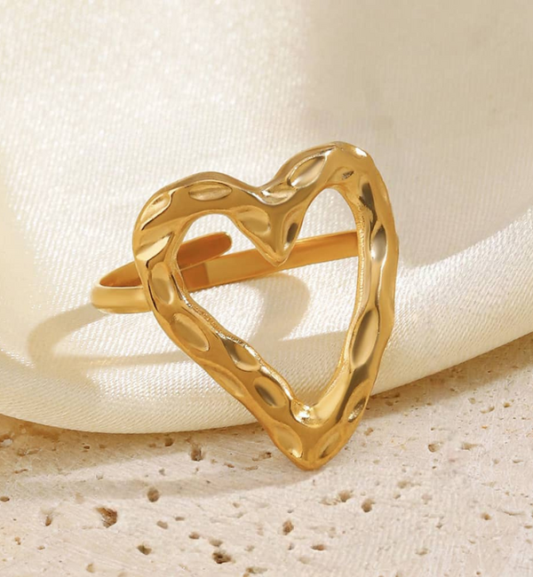 KAYA sieraden Adjustable Open Heart Ring with Texture | Stainless steel Gold