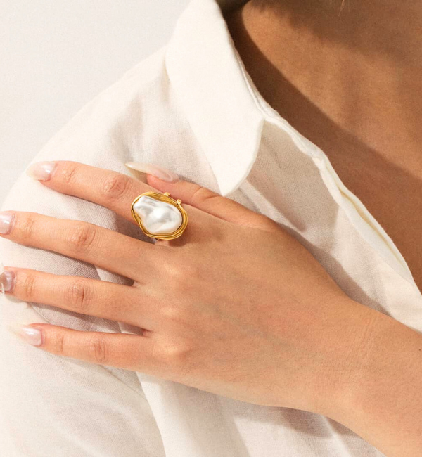 KAYA sieraden Verstelbare Statement Ring met Parel | Stainless Steel