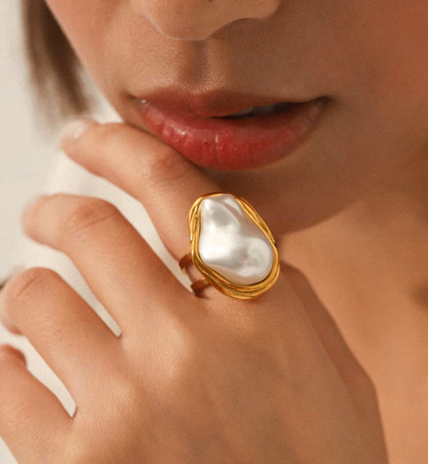 KAYA sieraden Adjustable Statement Ring with Pearl | Stainless Steel