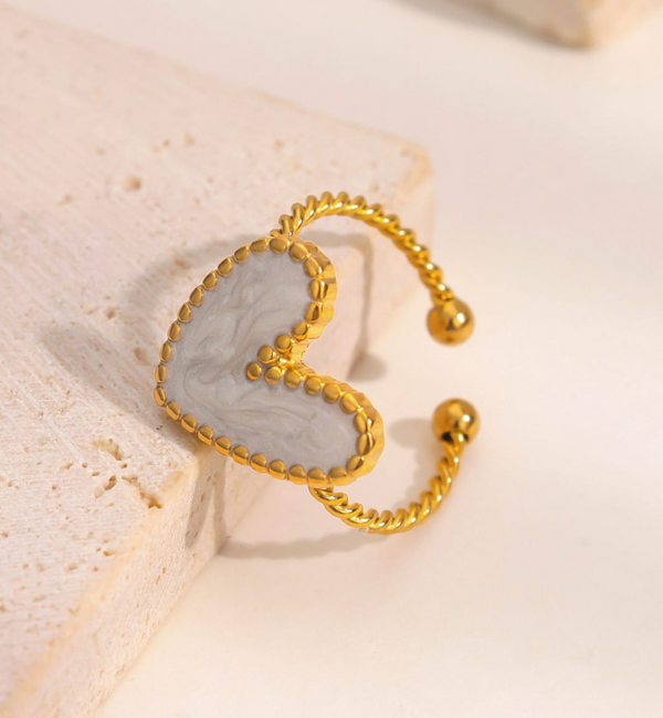 KAYA sieraden Verstelbare Statement Ring met Parelmoer Hart | Stainless Steel