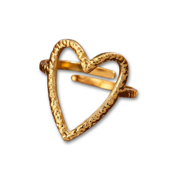 KAYA sieraden Adjustable Ring with Open Heart | Hammered | Stainless Steel