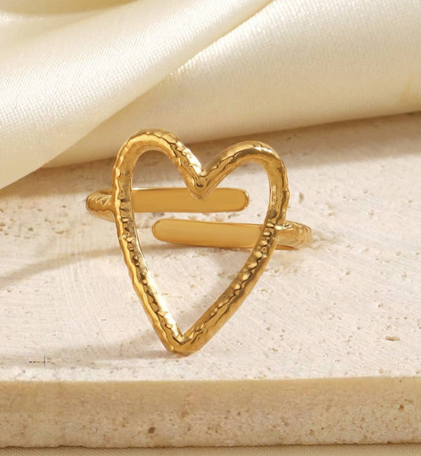 KAYA sieraden Verstelbare Ring met Open Hart | Hammered | Stainless Steel
