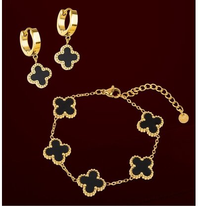KAYA sieraden Bracelet and Earrings Set 'Clover' Black
