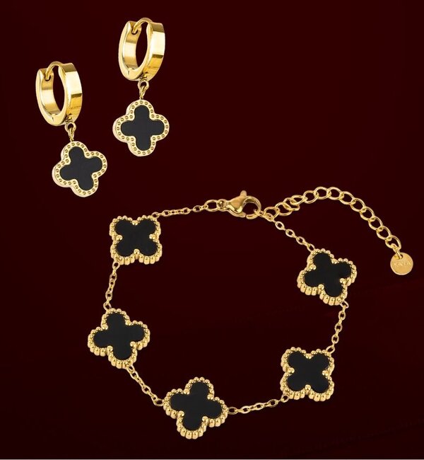 KAYA sieraden Armband en Oorbellen Set 'Klaver' Zwart