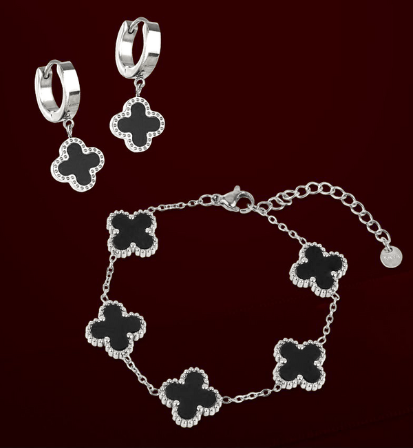 KAYA sieraden Bracelet and Earrings Set 'Clover' Black