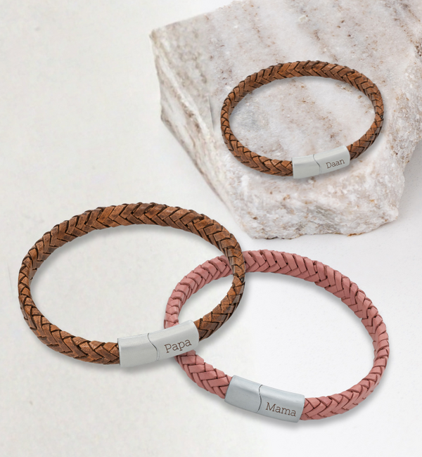 KAYA sieraden 3 Family Braided Leather Bracelet Set| with Engraving