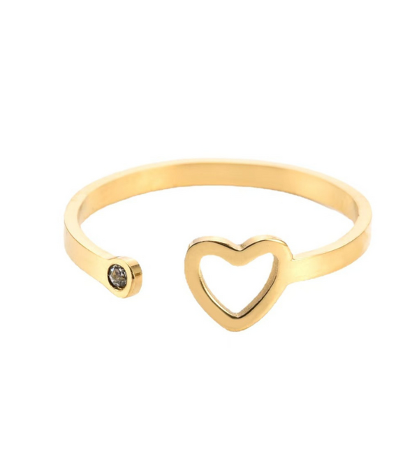 KAYA sieraden  Verstelbare Ring Open Hartje met Kristal | Stainless Steel