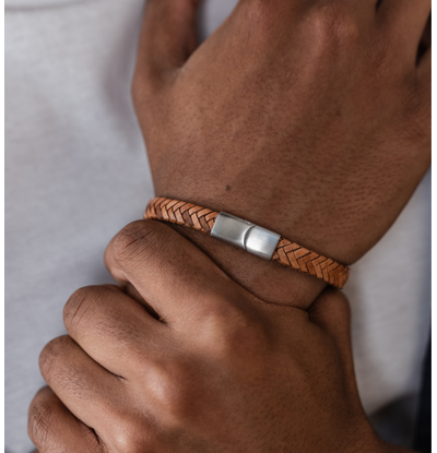 KAYA sieraden Gevlochten Armband Leer Heren | Camel