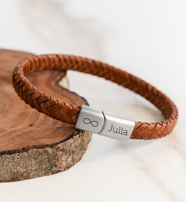 KAYA sieraden Gevlochten Armband Leer Heren met Gravure