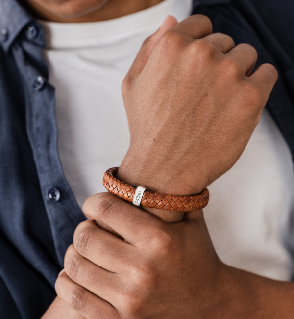 KAYA sieraden Men's Leather Bracelet Rock My World Silver | 1 Name