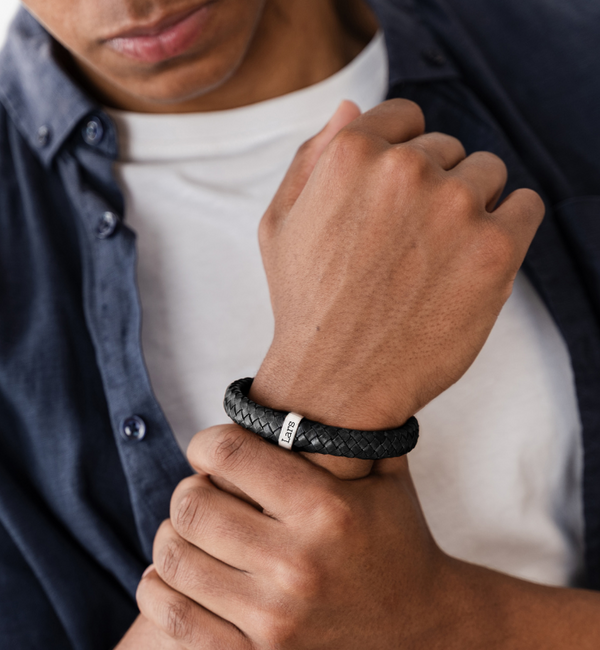 KAYA sieraden Men's Leather Bracelet Rock My World Silver | 1 Name