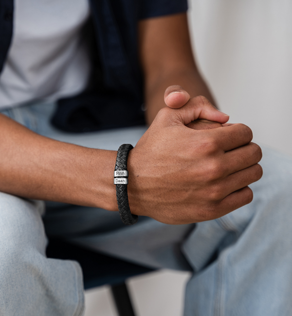 KAYA sieraden Men's Leather Bracelet Rock My World Silver | 2 Names