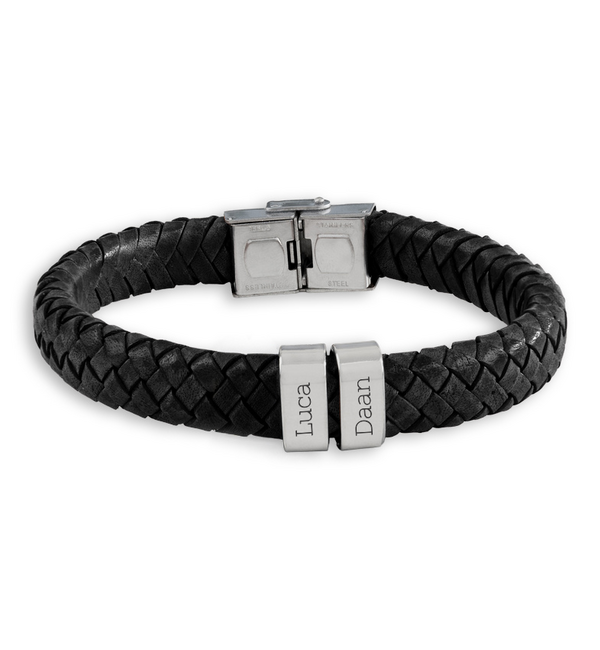 KAYA sieraden Herenarmband Leer Rock My World Zilver | 2 Namen