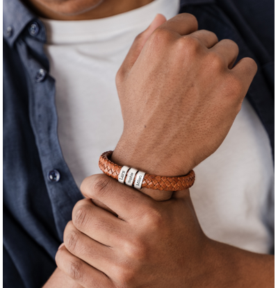 KAYA sieraden Herenarmband Leer Rock My World Zilver | 3 Namen