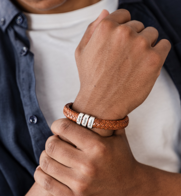 KAYA sieraden Herenarmband Leer Rock My World Zilver | 3 Namen