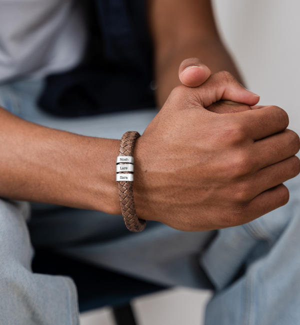 KAYA sieraden Herenarmband Leer Rock My World Zilver | 3 Namen