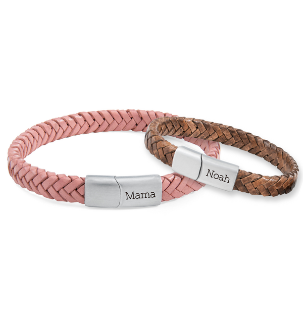 KAYA sieraden Moeder & Zoon Armbanden met Gravure Gevlochten Leer