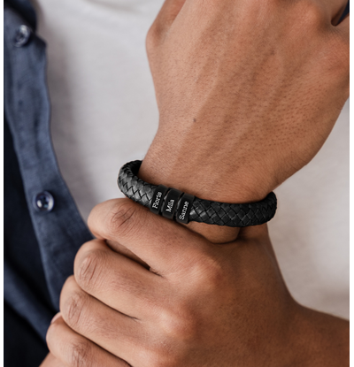 KAYA sieraden Herenarmband Leer Rock My World Zwart | 3 Namen