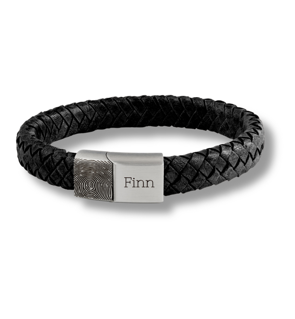 Gegraveerde sieraden Men's Leather Bracelet with Fingerprint and Name