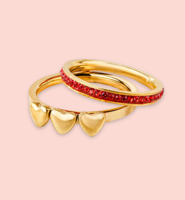 KAYA sieraden Ring Set Red with 3 Hearts | Stainless Steel