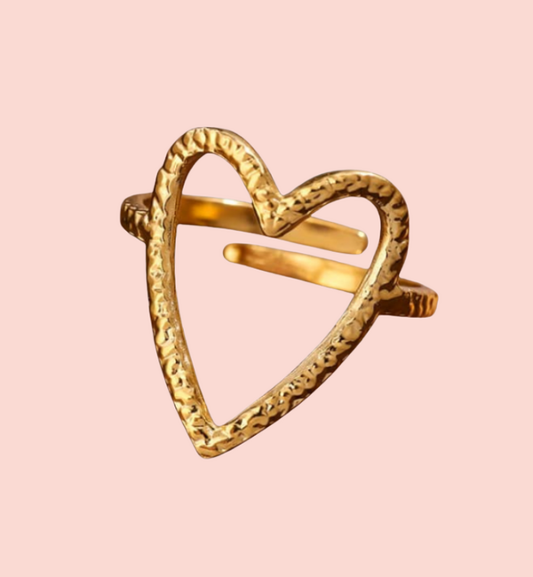 KAYA sieraden Verstelbare Ring met Open Hart | Hammered | Stainless Steel