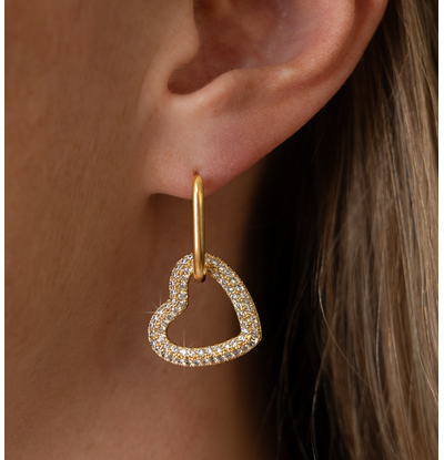 KAYA sieraden Statement hoop earrings with heart and crystals | Stainless Steel Gold