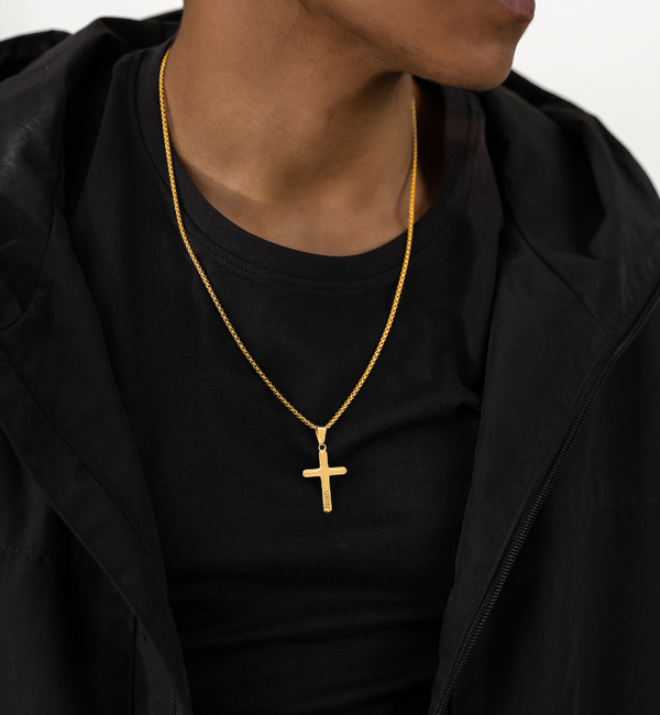 KAYA sieraden Stalen herenketting Kruis met Gravure | Goud