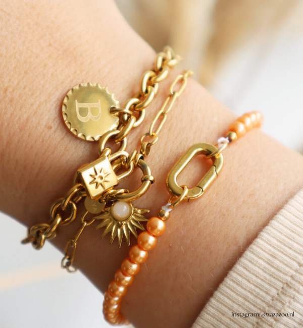 KAYA sieraden Orange Glass Pearl Bracelet Set ‘Festival Pearl’ | Stainless Steel