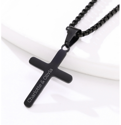 KAYA sieraden Stalen herenketting Kruis met Gravure | Zwart