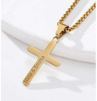 KAYA sieraden Stalen herenketting Kruis met Gravure | Goud